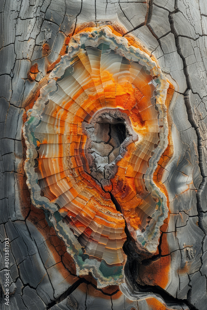 Poster A realistic rendering of a cross-section of petrified wood, showing the transition from wood to stone with vivid color details,