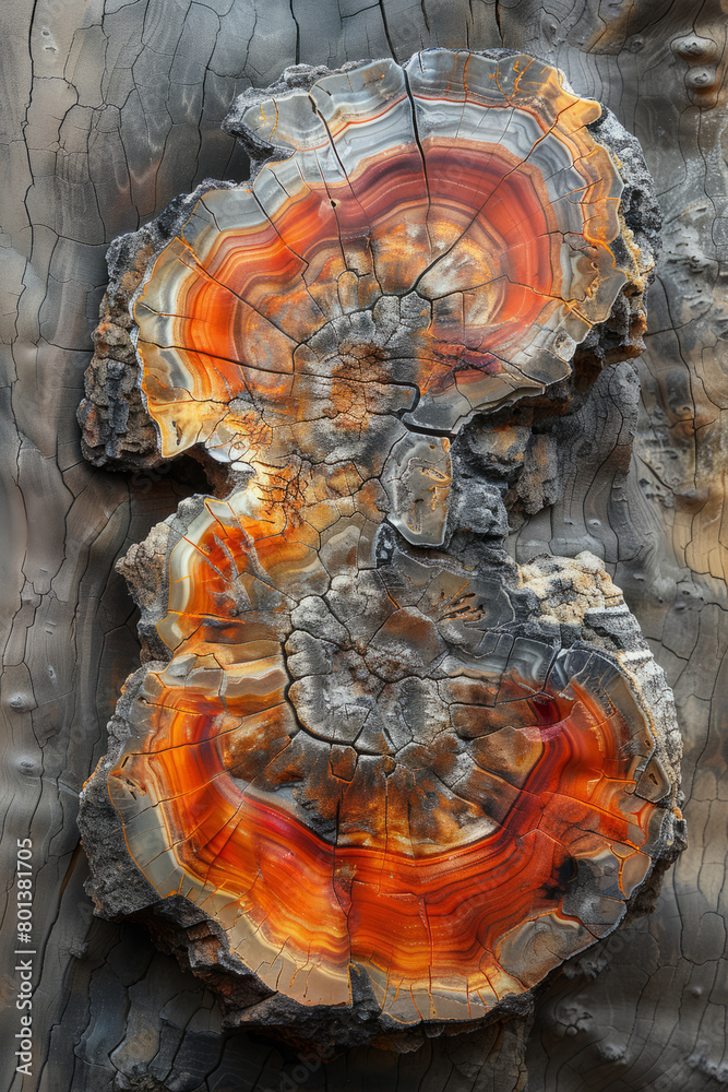 Poster A realistic rendering of a cross-section of petrified wood, showing the transition from wood to stone with vivid color details,