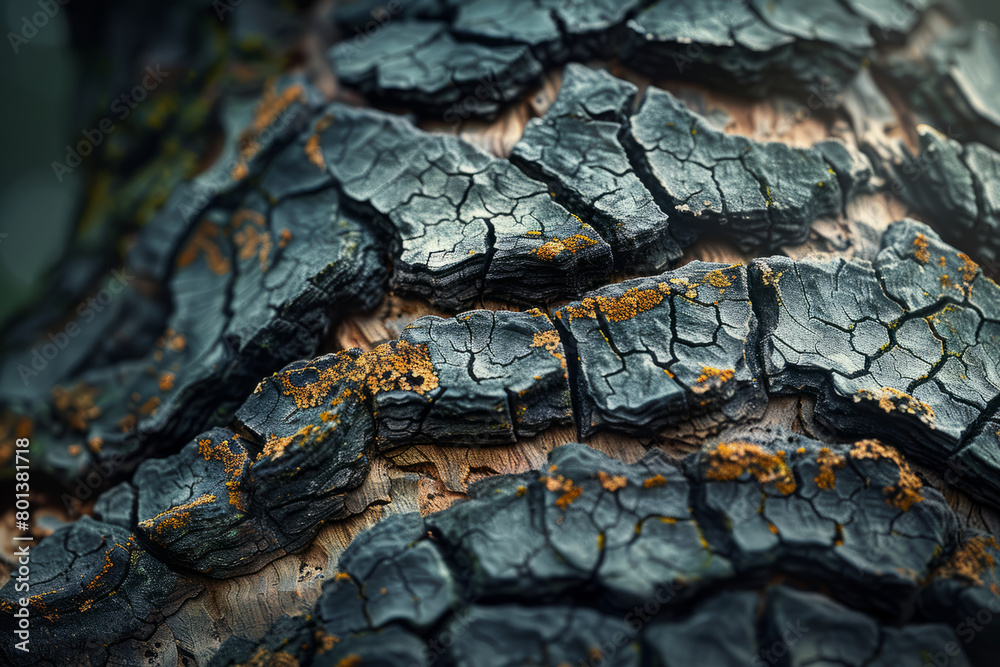 Poster A realistic 3D bark texture from an ancient oak tree, highlighting the deep grooves and mossy patches,
