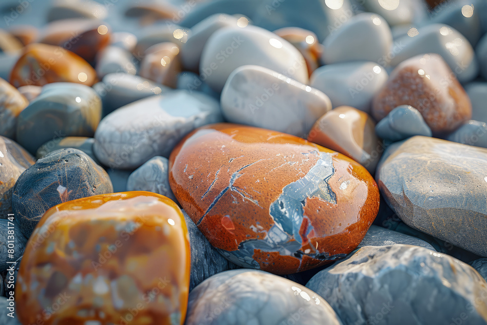 Poster a realistic 3d rendering of river rocks, smoothed by water over time, with varied shapes and colors,