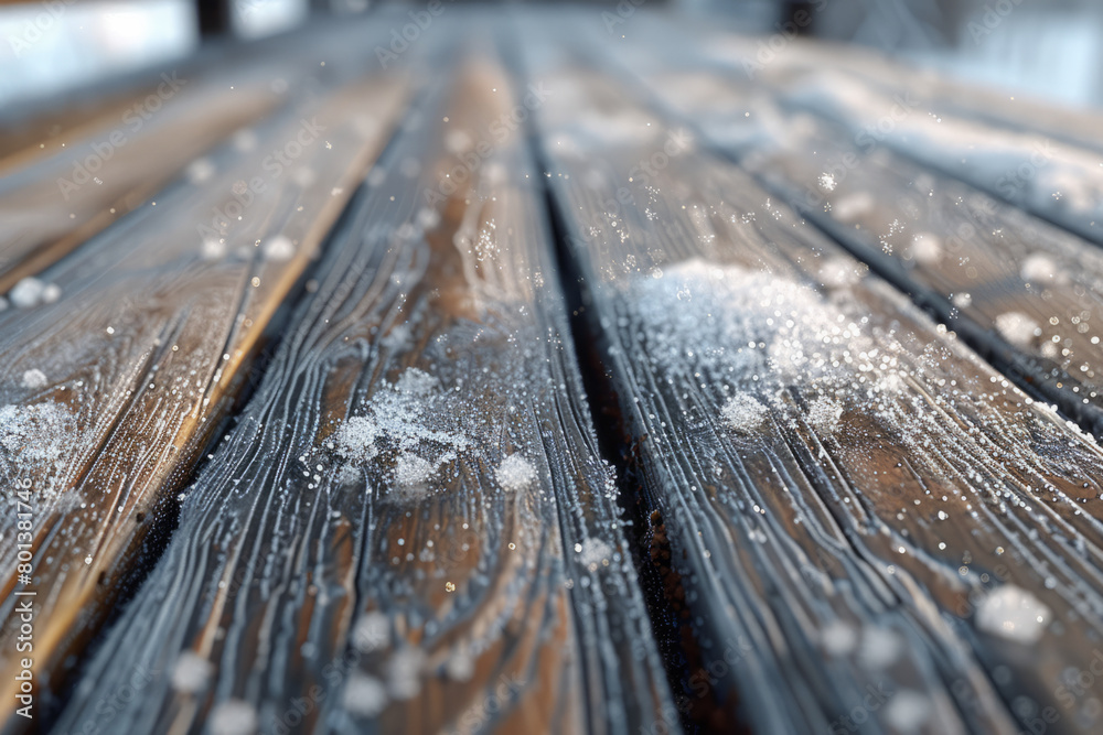 Poster A 3D model showing the texture of frost on wood, with ice crystals forming on the grain of the timber,