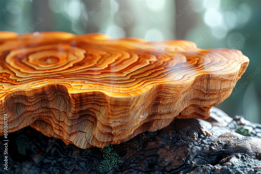 Poster A realistic 3D model of a burl wood surface, highlighting its complex grain patterns and color variations,