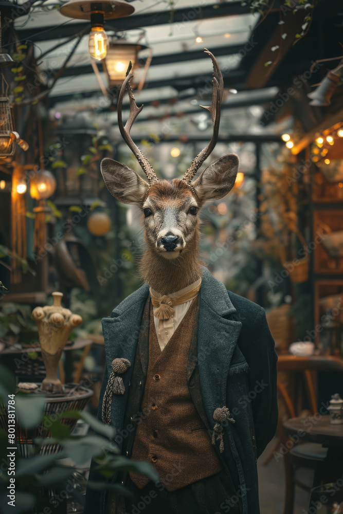 Poster a concert hall where the instruments are crafted from plants and trees, played by elegant deer in fo