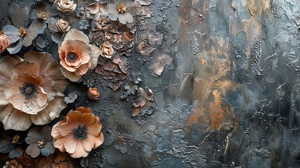 Abstract florals with a rustic edge, highlighting detailed textures and muted colors in a close-up shot. 