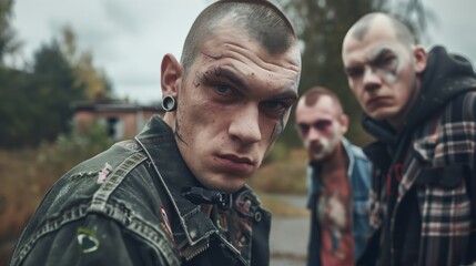 Three intense young men with unique hairstyles and face tattoos in an outdoor, slightly blurred background.
