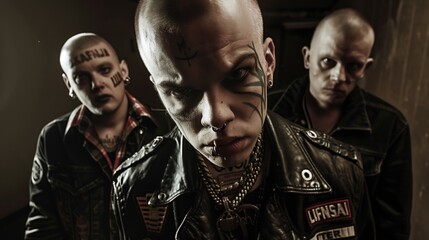 Intense portrait of three punk rock men with distinct facial tattoos and piercings, wearing leather jackets.