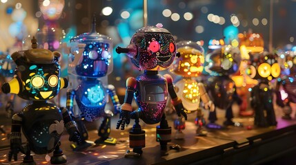 fusion of art and technology with an image of small robots adorned with unique designs and colorful embellishments, reflecting the personality of their creator.