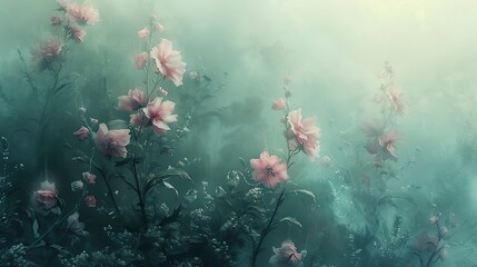 Soft, ethereal florals emerging from an abstract haze, creating a serene and otherworldly atmosphere.