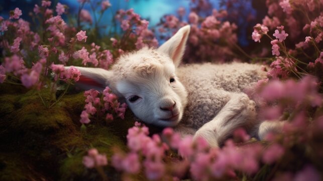 cute sleeping lamb in forest with wildflowers,  ai