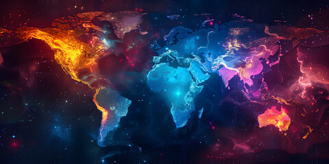A vibrant map of the world featuring different countries continents and oceans in various bright