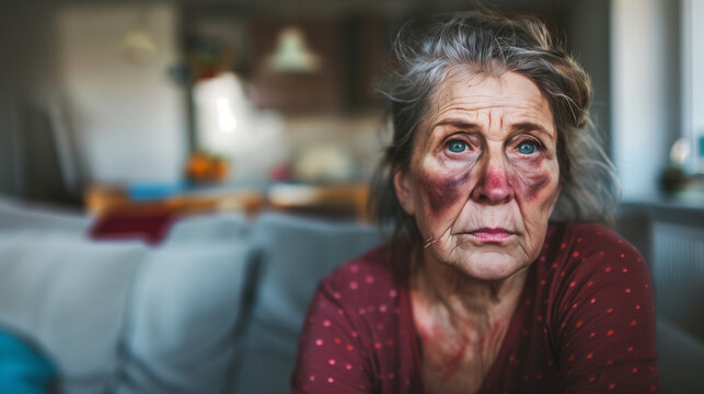 copy space, stockphoto, elderly woman with some bruises in her face, realistic skin, sitting on a sofa in the living room. Elderly care, Loneliness theme, retired people. Elderly woman in pain, suffer