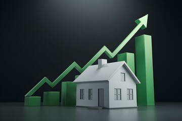 3D house, green bar graphs, zigzagging line symbolizing progress, real estate and financial success evoked