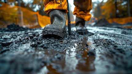 Close-up of a worker's boots walking through a muddy construction site.