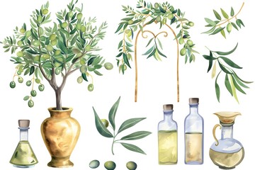 watercolor olive tree, leaves and olives in golden vases, oil bottles, wedding arch  greenery, olive trees, black pearls, clipart white background
