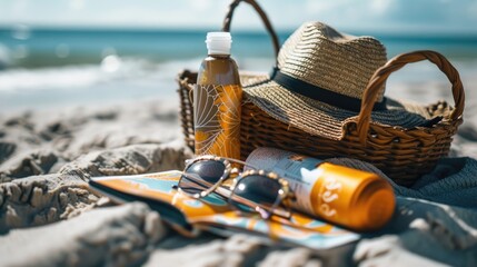 On the sandy beach rests a hat, sunglasses, a book, and a water bottle. The liquid inside glistens under the sun, creating a scene of leisure and relaxation AIG50