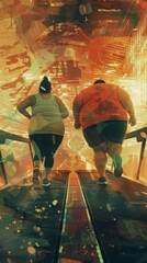 Fototapeta premium Two people exercising on treadmills in a modern, dynamic setting. Fitness and health concept