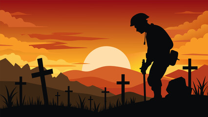 Naklejka premium Sunset Tribute A silhouette of a soldier paying homage to the fallen soldiers with the sun setting behind them creating a memorable and emotional. Vector illustration