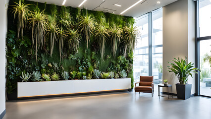 Fototapeta premium interior of a modern office with green plants and brown armchair