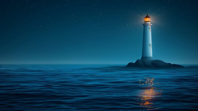 Lighthouse shining brightly on the sea, minimalistic with retro colors
