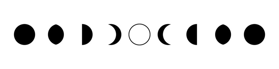 Lunar phases and moon cycles. Waxing and waning shape. Crescent sign and changes in the calendar. Elements for design in astrology and space.