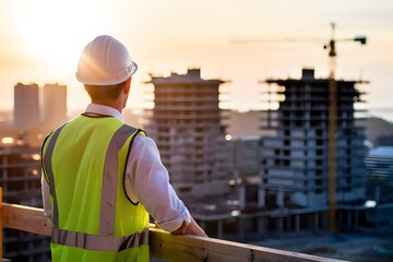 Construction site at sunset, man in hard hat, cityscape, high rise buildings, golden sunlight