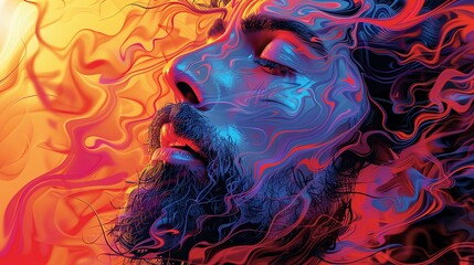 A psychedelic digital illustration of a Kingman, his face melting into vivid, flowing patterns characteristic of the 1960s art style