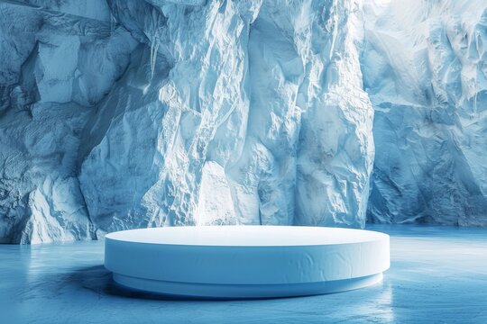 Blue ice cave with a round podium in the center.