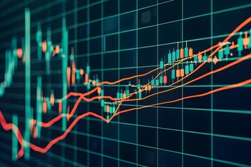 Digital display with stock market chart, green and red bars representing financial data