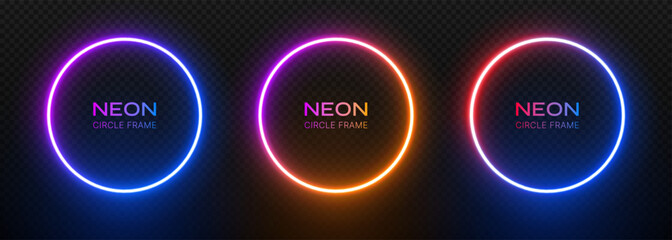 Neon round light frame. Ring border with laser glow. Led circle like a portal on a black background. Bright gradient template for design with text.