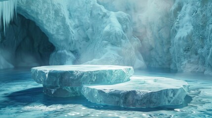 Two ice shelves floating in the middle of a frozen lake inside an ice cave. - obrazy, fototapety, plakaty