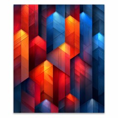Create a modern geometric abstract painting using bright red orange yellow blue and purple colors