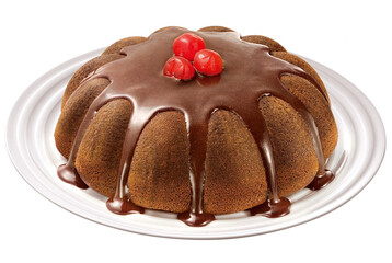 prato com delicioso bolo de chocolate com cobertura de calda de chocolate ao leite isolado em fundo transparente