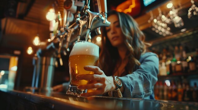 A female bartender serving a frothy beer at a pub with glowing bar taps in background.