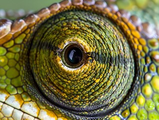 Naklejka premium Captivating Macro Shot of a Chameleon s Independently Moving and Intricately Patterned Eye Revealing its Predatory Nature