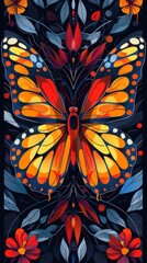 A beautiful butterfly with vibrant colors and intricate patterns. The butterfly is surrounded by colorful flowers and leaves. The background is a deep blue color. - obrazy, fototapety, plakaty