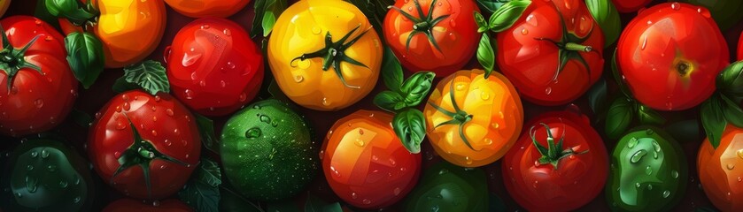 A close up of a variety of tomatoes, basil, and mini sweet peppers.