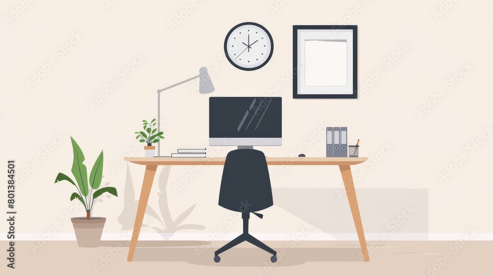 Poster stylish workspace with wooden desk and computer setup. creative and clean office design.
