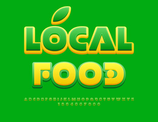 Vector eco template Local Food. Futuristic style Font. Exclusive Green Alphabet Letters and Numbers set.