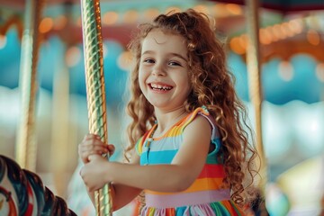 Merry-Go-Round Magic: Joyful Young Girl at Colorful Carousel