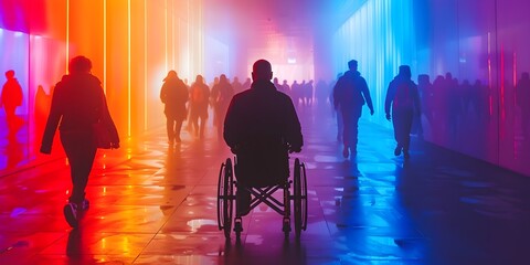 Accessible and Inclusive Event and Facility Guide with Diverse Visitors in Colorful Hallway
