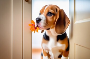 Funny beagle puppy with a flower in his teeth in a modern apartment
