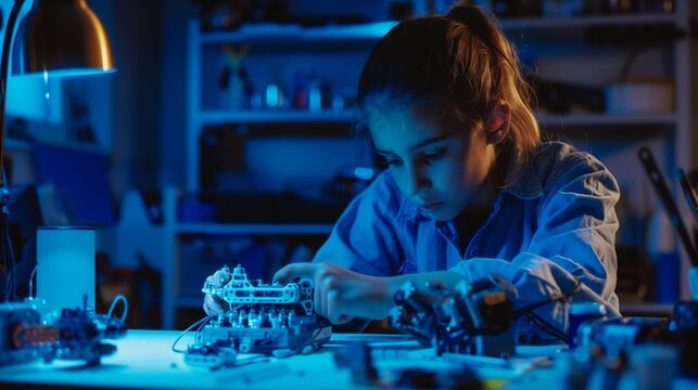 Young girl focusing intensely on assembling a robotic project in a dimly lit workshop.