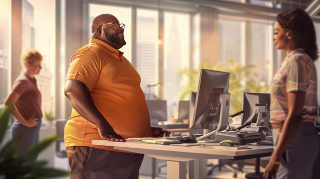 Confident plus-size businessman at standing desk, promoting health and productivity in modern office settings.