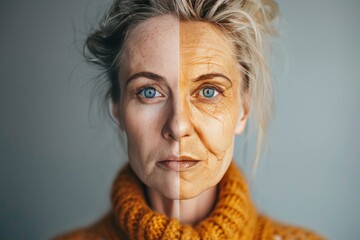 Aging split representation by beauty regimen: effects on facial skin from bleaching and lifting, depicted in two stages. - obrazy, fototapety, plakaty