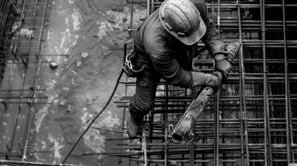 Fototapeta premium Black and white image of a construction worker wielding a large hammer on a rebar structure.
