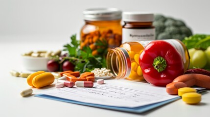 Medications and healthy foods on a prescription background, blending healthcare with nutrition