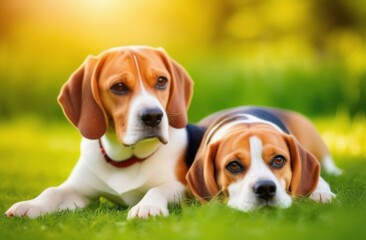 Two tricolor beagle dogs resting on the grass in the park on a sunny warm day