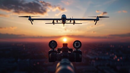 The gun's sight is aimed at a flying combat drone. The battle in the sky begins.