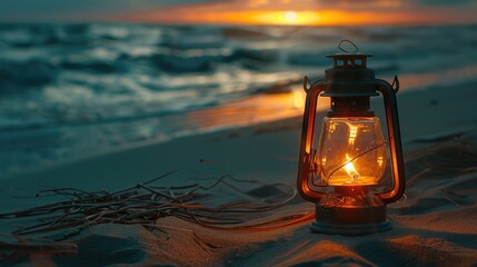 A lantern illuminates the beach as the sun sets, casting a warm glow over the water and sky. The landscape is transformed as dusk falls, creating a peaceful and picturesque scene for travelers AIG50