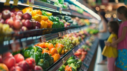 Focused shot on a grocery store shelf with colorful fruits and vegetables, promoting healthy eating